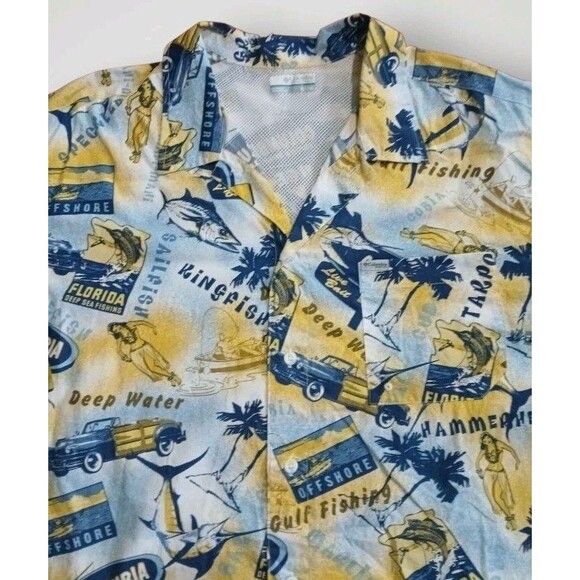 Columbia PFG Trollers Best Yellow Fish Print Hawaiian Fishing Shirt Sz XLT - Picture 3 of 7